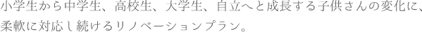 小学生から中学生、高校生、大学生、自立へと成長する子供さんの変化に、柔軟に対応し続けるリノベーションプラン。